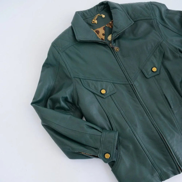 Kaiser  Hunter Green Leather Bomber Jacket with Belt Small - Picture 7 of 16